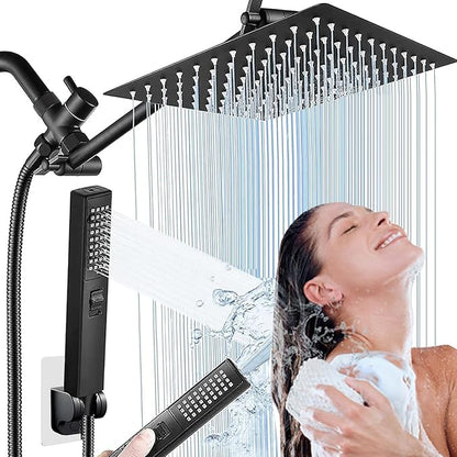 Rainfall Shower Head with Handheld Combo, Black, 10 Inch & 3 Spray Modes | 180° Adjustable with Extension Arm, Easy To Install