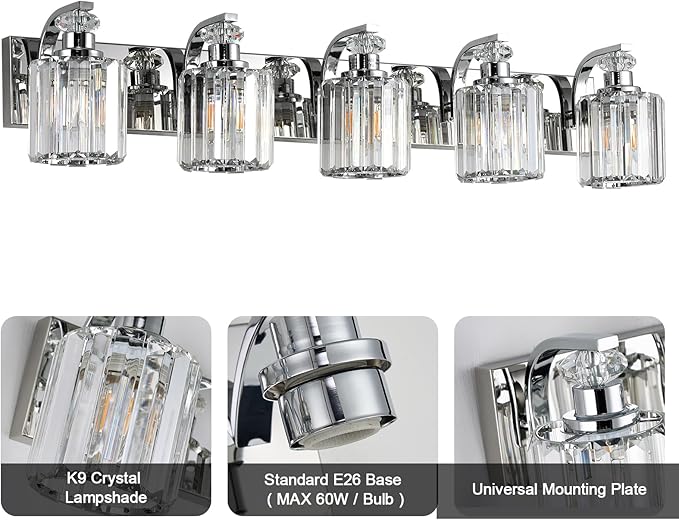 Chrome Bathroom Light Fixtures with K9 Crystal Lampshade Bathroom Lighting Over Mirror Vanity Lights for Living Room,Bedroom,Restroom,Hallway 5 Lights