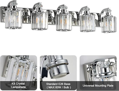 Chrome Bathroom Light Fixtures with K9 Crystal Lampshade Bathroom Lighting Over Mirror Vanity Lights for Living Room,Bedroom,Restroom,Hallway 5 Lights