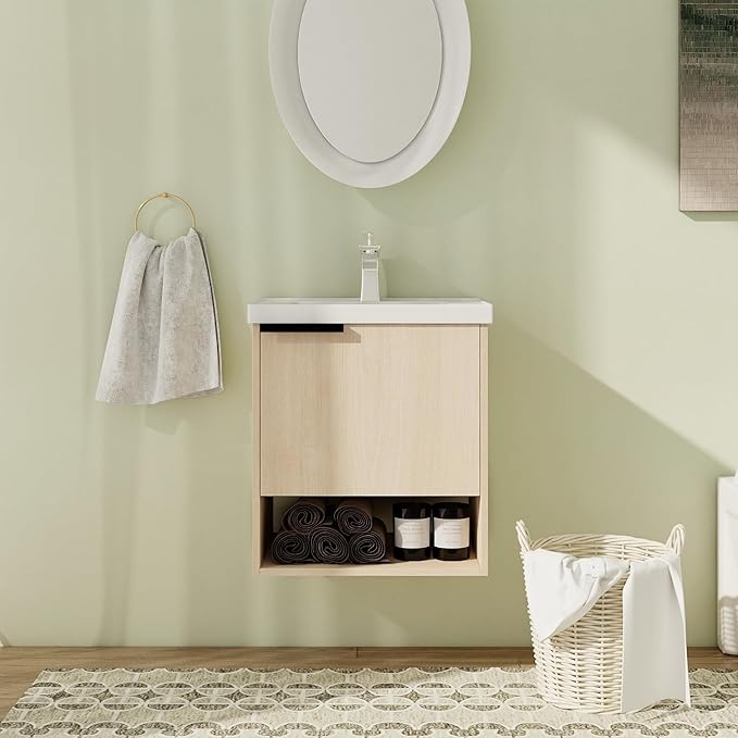 20" Bathroom Vanity with Sink, 20 Inch Floating Bathroom Vanity for Small Space, Modern Bathroom Vanity,Brown Wall Mounted Cabinet Set (066, PLO, 20''W x 14''D)