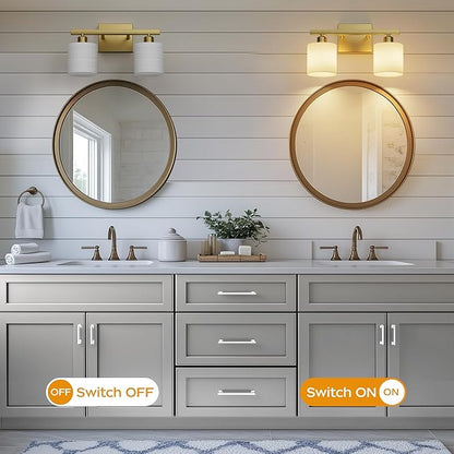 PARTPHONER Bathroom Light Fixtures, Bathroom Lighting Fixtures Over Mirror, Interior Classic Vanity Lights, Modern Vanity Light with Textured White Glass Shade, Brushed Gold, 2-Light