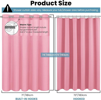 SORTTO No Hook Shower Curtain with Snap in Liner Set Waffle Shower Curtain for Bathroom Hotel Style Fabric Waterproof Inner Liner，71" W x 74" H, Pink