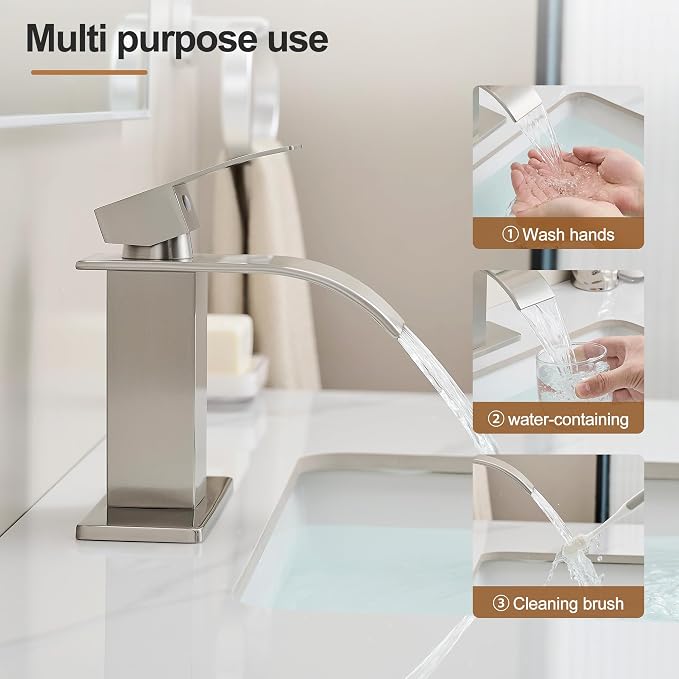 Waterfall Bathroom Faucet, Single Handle Brushed Nickel Sink Faucet 1 Hole or 3 Hole for Lavatory, Washbasin, Vanity, Commercial, with Deck, Pop-up Drain and Supply Hoses