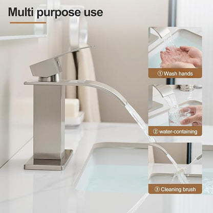 Waterfall Bathroom Faucet, Single Handle Brushed Nickel Sink Faucet 1 Hole or 3 Hole for Lavatory, Washbasin, Vanity, Commercial, with Deck, Pop-up Drain and Supply Hoses