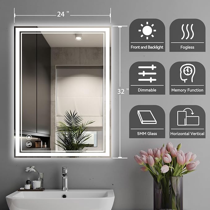 24 x 32” LED Mirror for Bathroom with Lights Anti-Fogging Dimmable 3 Colors LED Bathroom Mirror with Lights Memory Function Smart Mirror Touch Sensor Square Wall Mounted