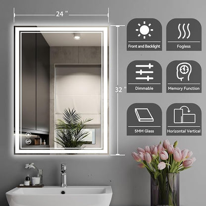 24 x 32” LED Mirror for Bathroom with Lights Anti-Fogging Dimmable 3 Colors LED Bathroom Mirror with Lights Memory Function Smart Mirror Touch Sensor Square Wall Mounted