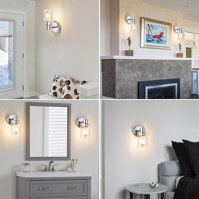 2 Light Bathroom Wall Sconce Light Fixtures with Clear Glass Bathroom Wall Lights Over Mirror Vanity Lights Chrome with E26 Base