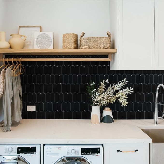 Vamos Tile Peel and Stick Backsplash,Thicker Design, Black,10 Sheets | Self Adhesive Vinyl Wall Tiles with Dark Gray Grout, Stick on Backsplash for Kitchen, Bathroom, RV