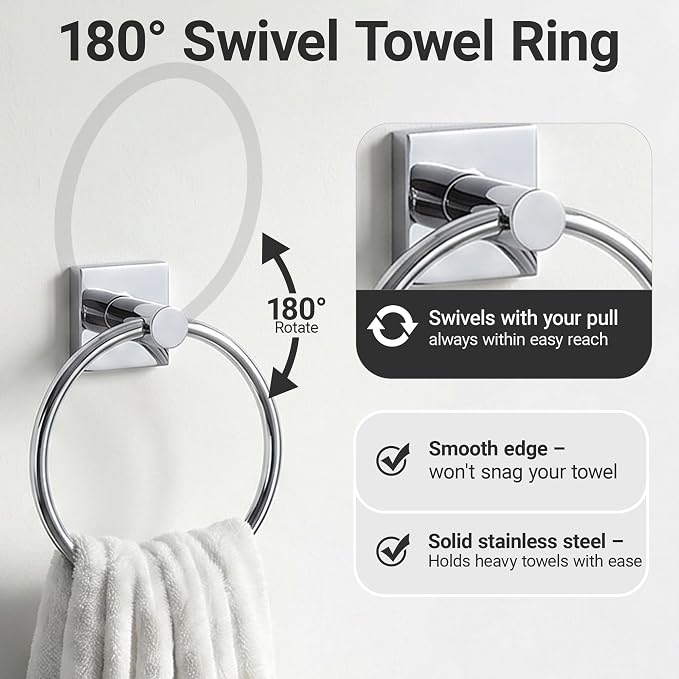 24-Inch Wall Mounted Towel Racks for Bathroom – Space Saver 4-Piece Durable Stainless Steel Bathroom Hardware Set with Towel Bar, Towel Ring, Toilet Paper Holder & Hook, Chrome