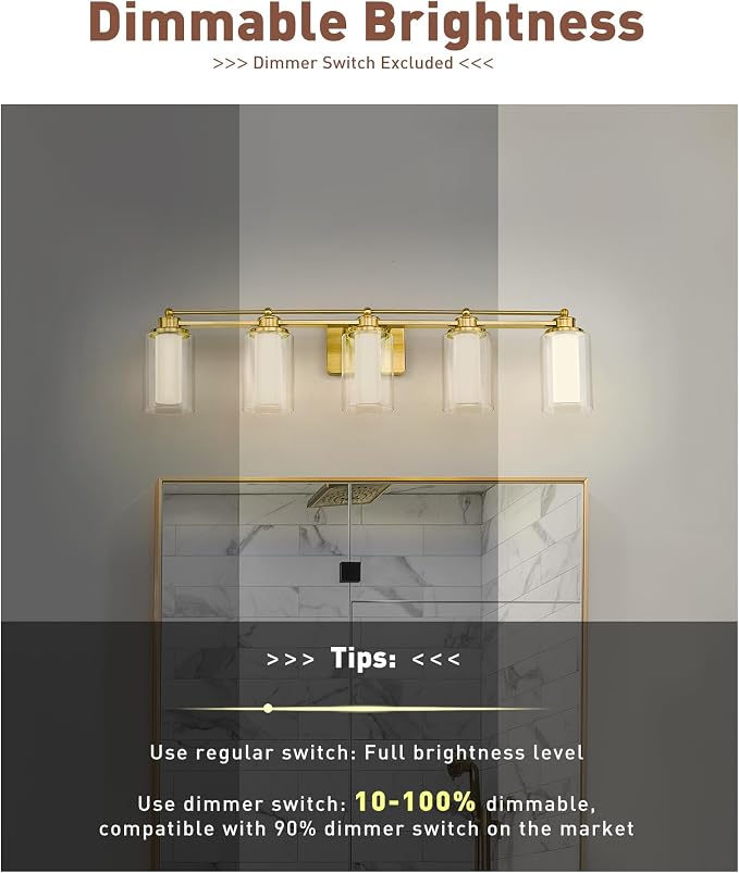 HWH 5-Light Vanity Light, Brushed Gold, Clear Glass, 30W, 5HLT63B-5W-LED BG | Dimmable, 5CCT, Modern, Bathroom Light Fixtures Vanity Lights Over Mirror, Vanity Lights for Bathroom, For Dressing Table