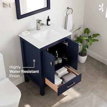 Eviva London 24 in. Blue Single Sink Bath Vanity with Carrara Quartz Top and Undermount Porcelain Sink