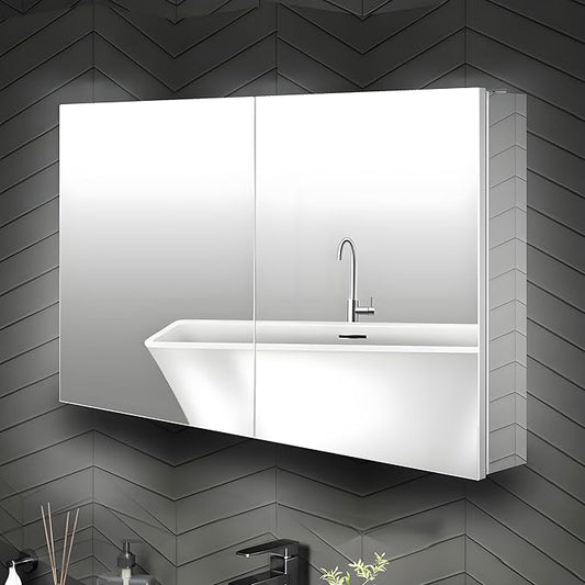 40 x 24 Medicine Cabinet Mirror for Bathroom,Assembly Required,Aluminum Alloy Frame,Surface-Mount Only,Mirrored Side Panel,Adjustable Shelves,Bathroom Medicine Cabinet with Mirror