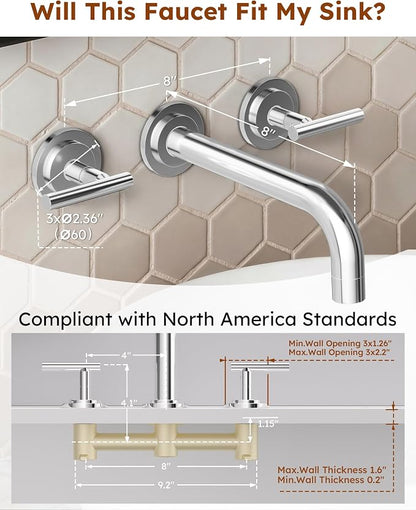 Wall Mount Bathroom Faucet - WOWOW Chrome Bathroom Sink Faucet - 2 Handle Wall Mount Vessel Sink Faucet 3 Holes Elegant Classic Spout Rough in Brass Valve Included