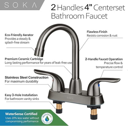SOKA Two Handles Centerset Bathroom Faucet for Sink High Arc Stainless Steel with Deck Plate & Pop-Up Drain Assembly Fit 3 Hole Installation, Metallic Grey