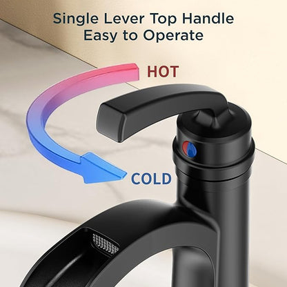 Forious Black Bathroom Sink Faucet Single Handle One Hole Antique Waterfall Bathroom Faucet with Metal Pop Up Drain and Deck Plate for Lavatory Vanity Farmhouse RV