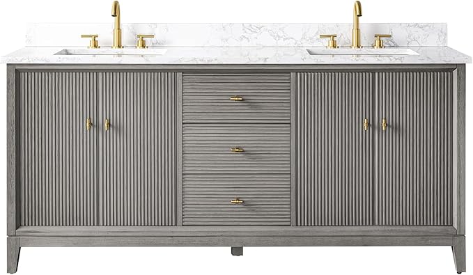Vanity Art 72" Bathroom Vanity with Double Sink & Arabescato White Engineered Stone Top, Vanity Cabinet with Soft Closing Door, Solid Wood Frame, Golden Brushed Handles, Driftwood Gray VA8172D-DG-GB
