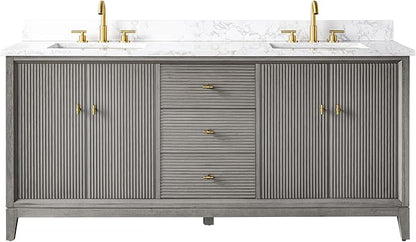 Vanity Art 72" Bathroom Vanity with Double Sink & Arabescato White Engineered Stone Top, Vanity Cabinet with Soft Closing Door, Solid Wood Frame, Golden Brushed Handles, Driftwood Gray VA8172D-DG-GB