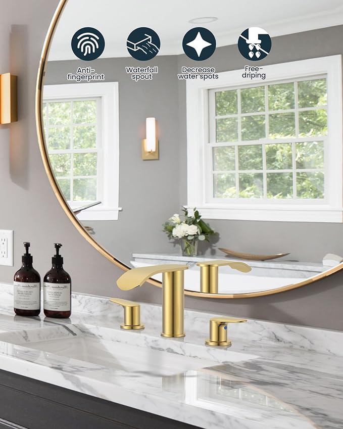 WOWOW Waterfall Bathroom Faucet 3 Holes 8Inch Widespread Bathroom Sink Faucet, Two Handles Lavatory Vanity Sink Faucets with Pop-up Drain & Supply Hoses, Modern Faucet Mixer Taps Gold