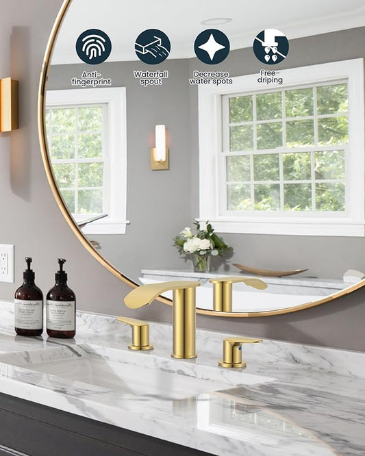 WOWOW Waterfall Bathroom Faucet 3 Holes 8Inch Widespread Bathroom Sink Faucet, Two Handles Lavatory Vanity Sink Faucets with Pop-up Drain & Supply Hoses, Modern Faucet Mixer Taps Gold