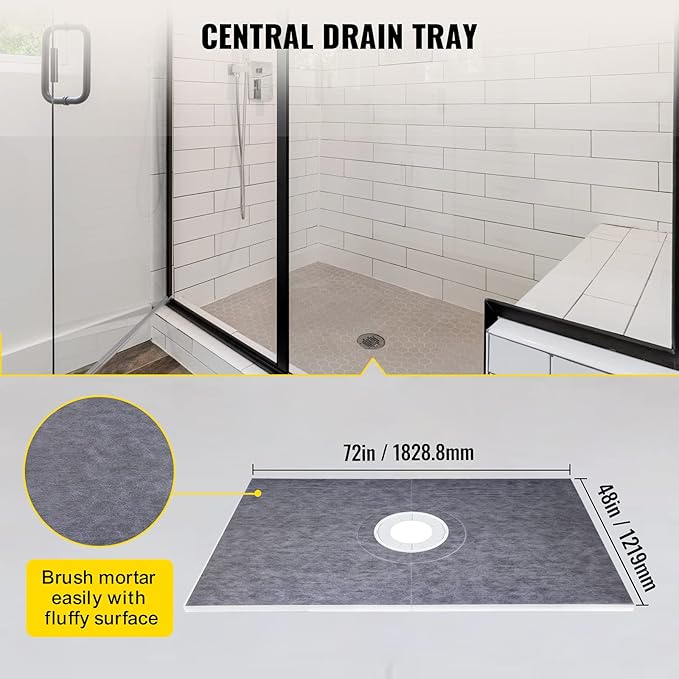 VEVOR Shower Curb Kit, 48"x72" Watertight Shower Curb Overlay with 4" ABS Central Bonding Flange, 4" Stainless Steel Grate, 2 Cuttable Shower Curb and Trowel, Shower Pan Slope Sticks Fit for Bathroom