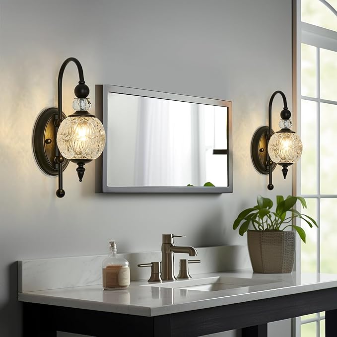 Vintage Black Wall Sconce with Glass Globe Shade Mid Century G9 Bulb Wall Light Indoor Wall Lamp for Bathroom Farmhouse Bedroom Living Room Hallway