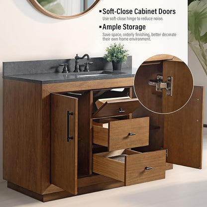 Vanity Art 48 inch Bathroom Vanity with Single Sink, Modern Wood Bath Vanity with Black Carrara Marble Top, Vanity Cabinet with Doors， Removable Shelf, Solid Wood, Ceramic Sink, Tan, VA7048B