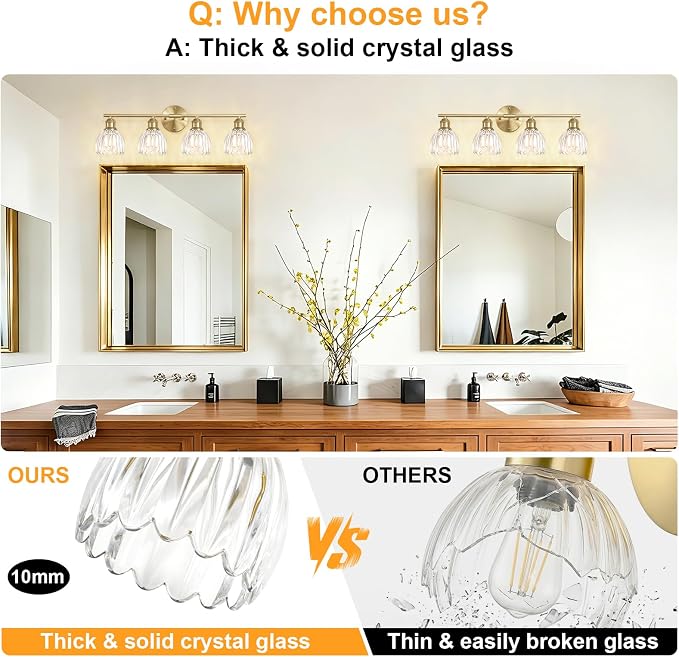 Bathroom Light Fixtures, 4-Light Brushed Gold Vanity Lights for Bathroom with Clear Tulip Glass Shade, 26" Vintage Bathroom Vanity Lighting Fixtures Over Mirror for Bedroom Living Room Hallway