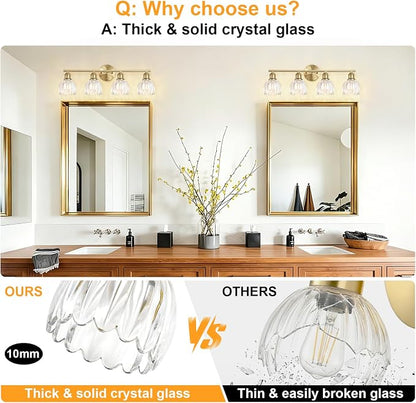Bathroom Light Fixtures, 4-Light Brushed Gold Vanity Lights for Bathroom with Clear Tulip Glass Shade, 26" Vintage Bathroom Vanity Lighting Fixtures Over Mirror for Bedroom Living Room Hallway
