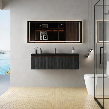 48'' Floating Bathroom Vanity with Sink, Wall-Mounted Bathroom Storage Cabinet with Soft-Close Striped Drawer, Cabinet Door & Quartz Sand Basin, Smoked Walnut Body with Internal Handle, Black