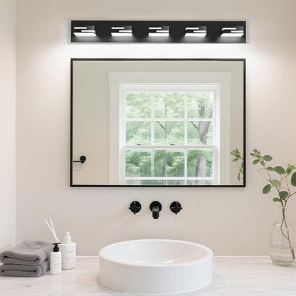 LED Modern Bathroom Vanity Light Fixtures, 5-Light 34-inch Dimmable Matte Black Vanity Lights for Bathroom Lighting Fixtures Over Mirror, with 350° Rotatable Acrylic Heads (Cool White 6000K)