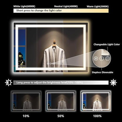 60x40 LED Bathroom Mirror with Lights, Lighted Vanity Mirror | Backlit and Front Light, Anti-Fog, 3 Color Dimmable, Memory, Tempered Glass, IP54 Waterproof, UL Listed