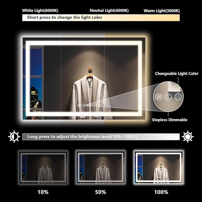 55x30 LED Bathroom Mirror with Lights, Lighted Vanity Mirror | Backlit and Front Light, Anti-Fog, 3 Color Dimmable, Memory, Tempered Glass, IP54 Waterproof, UL Listed