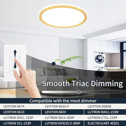 MOONSEA 20 Inch Flush Mount LED Ceiling Light Fixture 42W, 4200LM Dimmable 3000K/4000K/6500K 3 Color Selectable, Low Profile Ceiling Lamp for Kitchen Bedroom Hallway, Gold