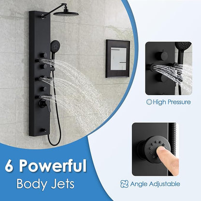 ROVOGO Shower Panel Tower System, 4-Function (Rain Shower, Handheld Sprayer, Body Jets, Tub Spout) with Simultaneous Use Option, Stainless Steel Shower Column with Adjustable Head, Black