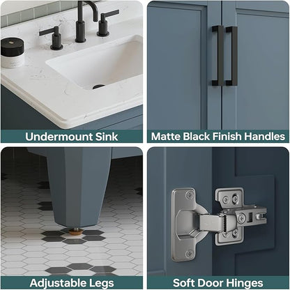 30 Inch Bathroom Vanity with Sink, Fully Assembled Bathroom Vanities with Quartz Countertop & Backsplash, 30 Inch Vanity with Sink, Soft Closing Doors & Dovetail Drawer, Steel Blue