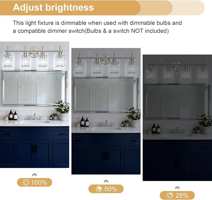 Brushed Nickel Bathroom Light Fixtures, Square, 4-Light | Vanity Lights with Crystal Shades, Modern Bathroom Lighting Fixtures over Mirror (Bulbs Not Included, E26)