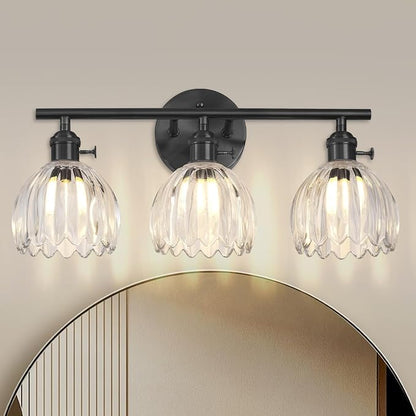 Matte Black 3 Light Bathroom Vanity Light,18.8in Modern Bathroom Lighting Fixtures Over Mirror with Tulip Crystal Glass Shade,Vintage Vanity Lights for Bathroom for Living Room（not include Bulbs)