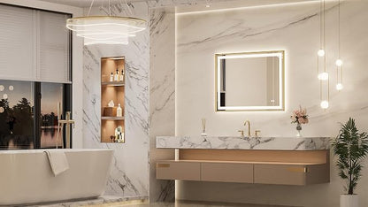 Keonjinn 40x30 Inch Gold LED Bathroom Mirror with Lights, Beveled Edge | Frontlit & Backlit, Lighted Bathroom Mirror, HD Tempered Glass, 3 Color Temperatures, Anti-fog, Stepless Dimmable