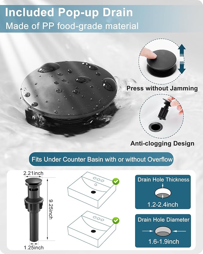 Matte Black Bathroom Faucet 1 Hole or 3 Hole (4 Inch), Brass Waterfall Faucet for Bathroom Sink, Modern Bathroom Faucets Single Handle with Deck Plate & Pop-up Drain Supply Hoses No Noise