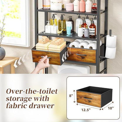 Simple Trending 4 Tier Over The Toilet Storage with Drawers, Heavy Duty Bathroom Stand Organizer Metal Shelves for Laundry, Black