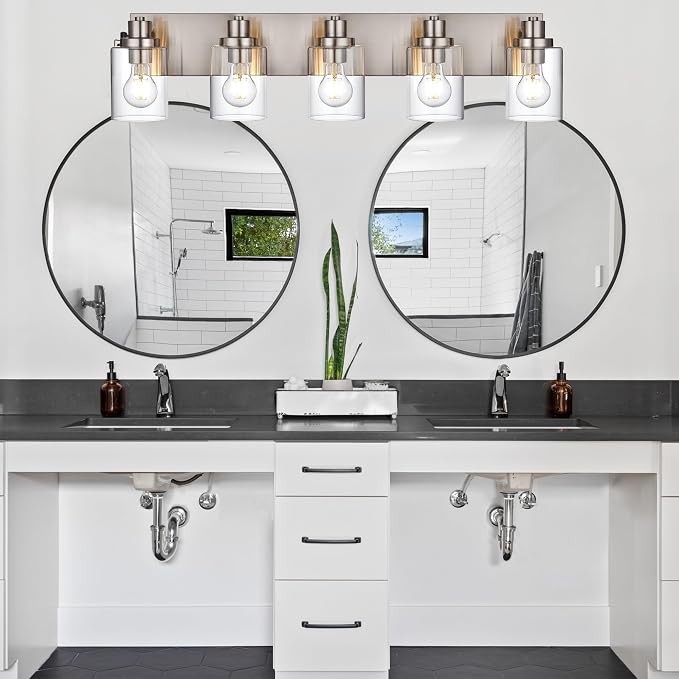 5 Light Brushed Nickel Vanity Lights Bathroom Lighting Fixtures Over Mirror, Modern Bathroom Lights with Clear Glass Shade, Farmhouse Vanity Wall Sconces Lighting for Bedroom Living Room