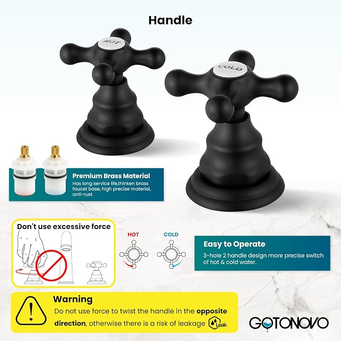 gotonovo Widespread Bathroom Sink Faucet 3 Hole Matte Black,H&C Label | Vintage 8’’ Bathroom Faucet,2 Cross Handle,6-16’’ Sink,Vanity,RV,Farmhouse,SUS304,24’’ cUPC Hose,Pop Up Drain,Deck Mount