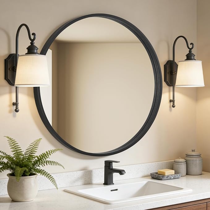 Round Wood Mirror, 32" Round Modern Decoration Large Circle Wall Mirror for Bathroom Living Room Bedroom Entryway, Black