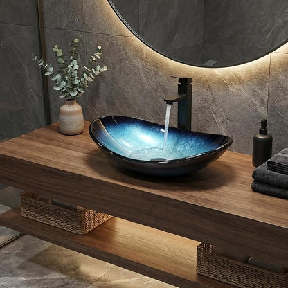 48 Inch Bathroom Vanity with Sink, Traditional Freestanding Black Bathroom Vanity Cabinet, Pedestal Cabinet with Two Boat Blue Glass Vessel Sinks
