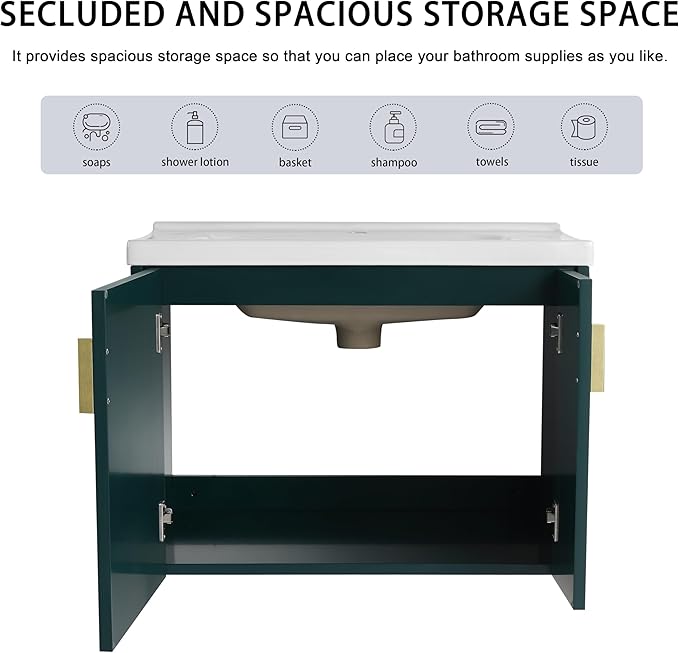28 Inch Bathroom Vanity with Sink, 28" Floating Vanity with White Glossy Ceramic Sink, Plywood Wooden Bathroom Cabinet with Soft-Close Doors, Modern Wall Mounted Cabinet Set (Green)