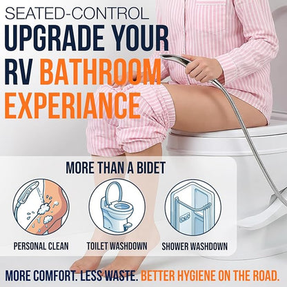 RV Handheld Bidet Sprayer for All RV Toilets, 5' Hose | Fits all RV toilets with adjustable spray pressure, backflow preventer, stay-seated design, and extra-long 5' hose