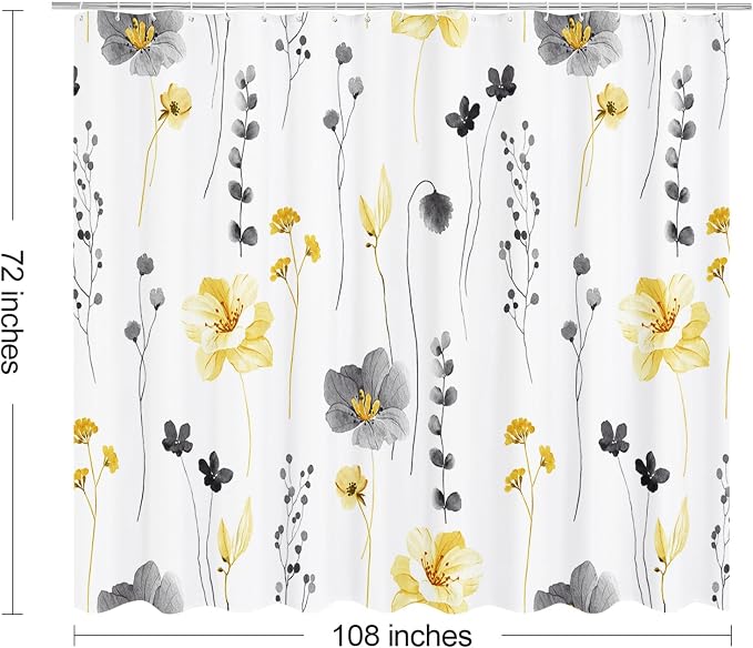Yellow Beige Watercolor Floral Fabric Shower Curtain, 108x72 | Waterproof Fabric, Modern Minimalist Floral Print, Machine Washable, Rustproof Grommets, for Bathroom Home, Extra Wide