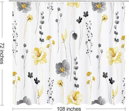 Yellow Beige Watercolor Floral Fabric Shower Curtain, 108x72 | Waterproof Fabric, Modern Minimalist Floral Print, Machine Washable, Rustproof Grommets, for Bathroom Home, Extra Wide