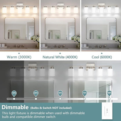 Brushed Nickel Bathroom Light Fixtures, 5-Light Modern Vanity Lights with Milky White Frosted Glass Shades, Wall Sconces for Mirror, Bathroom, Restroom (E26 Socket)