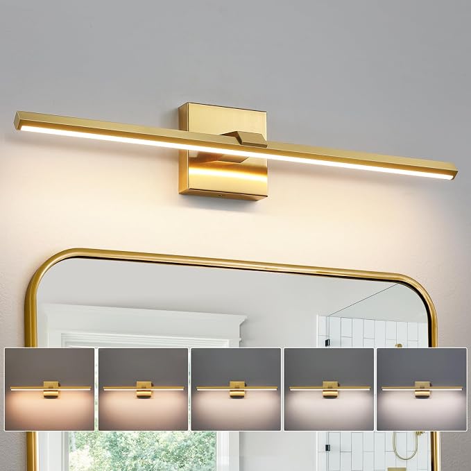 Gold LED Bathroom Vanity Light 24 Inch 18W Dimmable 5CCT Bathroom Lighting Fixtures Over Mirror Modern Brushed Gold Vanity Lights Bar for Bathroom Mirror Cabinets Bedroom